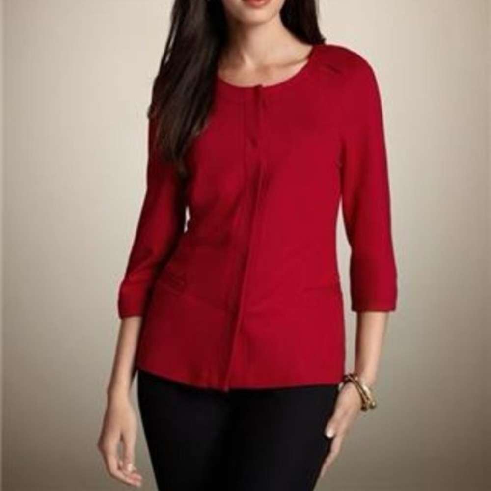 Chicos Womens Jacket Blazer Red Ponte Snap Front 3/4 Sleeves Sz 8 Puff Shoulders